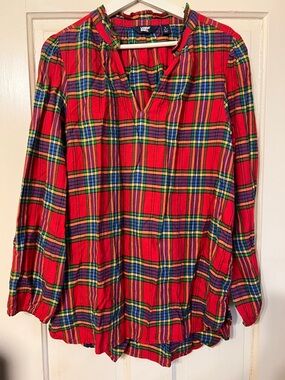 Lands' End Red Multicolor Plaid V‑Neck Tunic